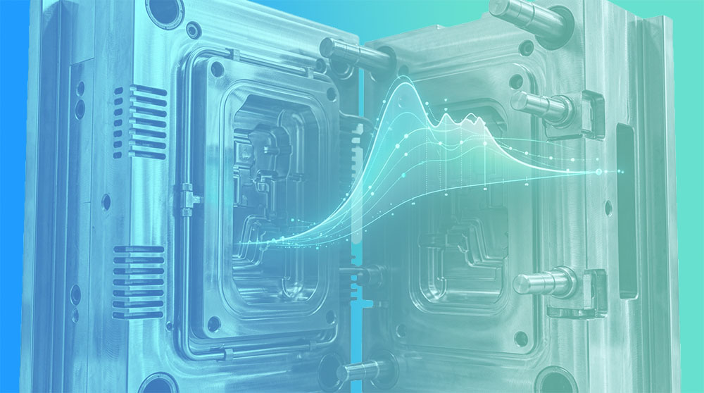Injection molding mold with cavity pressure data curves showing in-mold process visibility.